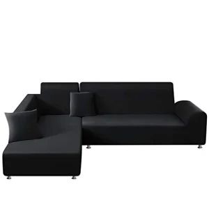 TAOCOCO Copridivano con Penisola Elasticizzato Chaise Longue Sofa Cover Componibile in Poliestere a Forma di L (Nero, 3 Posti+3 Posti)