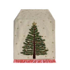 Runner Natalizio con Applicazioni Albero di Natale e Frange Rosse – Blanc MariClò, 35x180cm