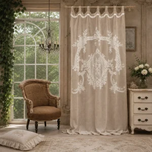Coppia Tende Allegria in Puro Lino Beige con Ricami Collezione Norma – Blanc MariClò, 140x300cm