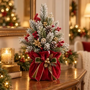 Sacco Mini Wood con Abete Innevato e Composizione Linea Noël – Mata Creazioni, 25cm