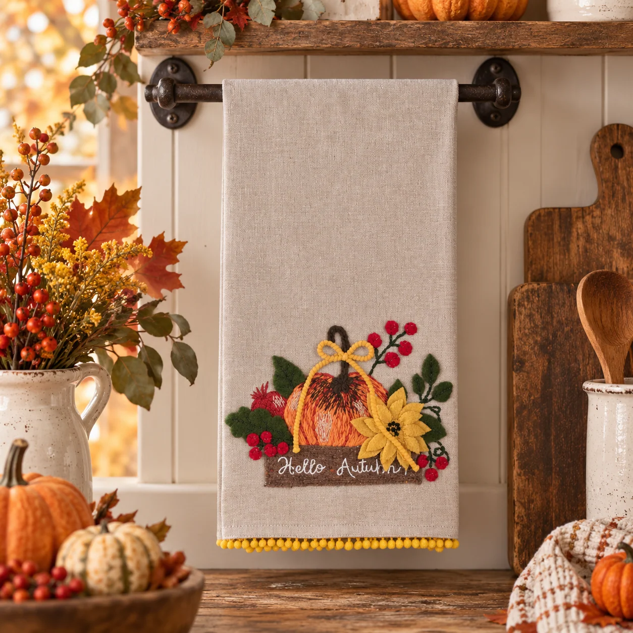 Canovaccio da Cucina Autunnale in Cotone con Ricami e Applicazioni – Blanc MariClò, 50x70cm - immagine 3